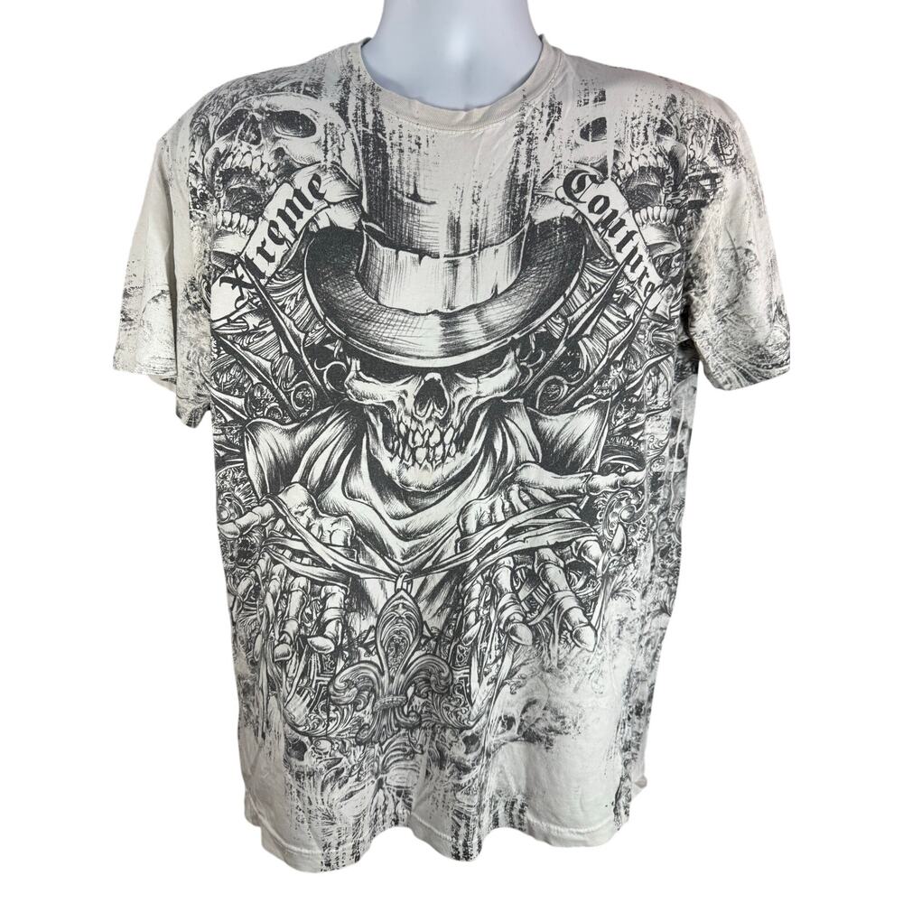 Xtreme Couture Skull All Over Print White T-Shirt Men's Large USA